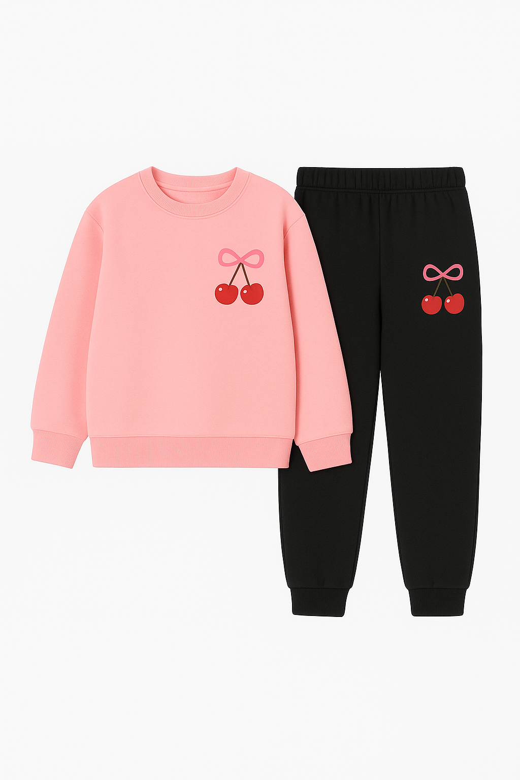 Contrast Pink Cherry Logo Girls’ Fleece Sweatshirt Tracksuit – Soft, Warm & Stylish Winter Wear!