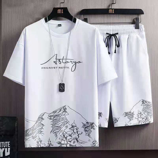 Summer Casual Suit Men's Ultra-thin Quick-drying Ice Silk Short-sleeved T-shirt Sports Shorts Running Two-piece Suit