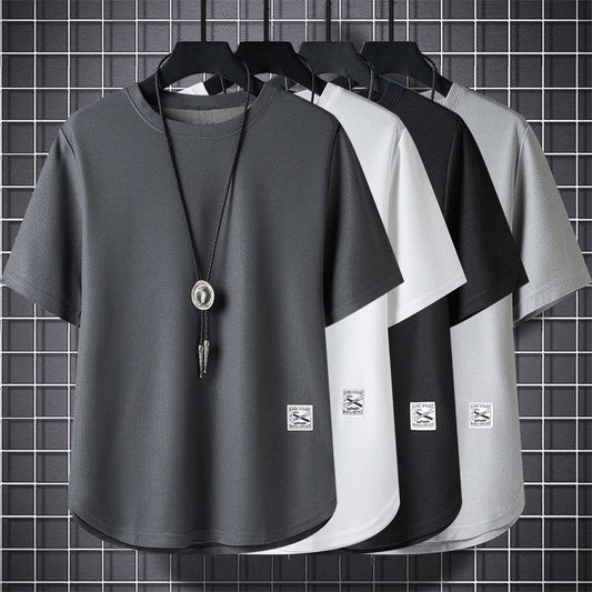 Batch Of Waffled Short-sleeved T-shirt Men's Summer Loose Plus Size Crewneck Breathable Solid Color Base Shirt Half-sleeved Top