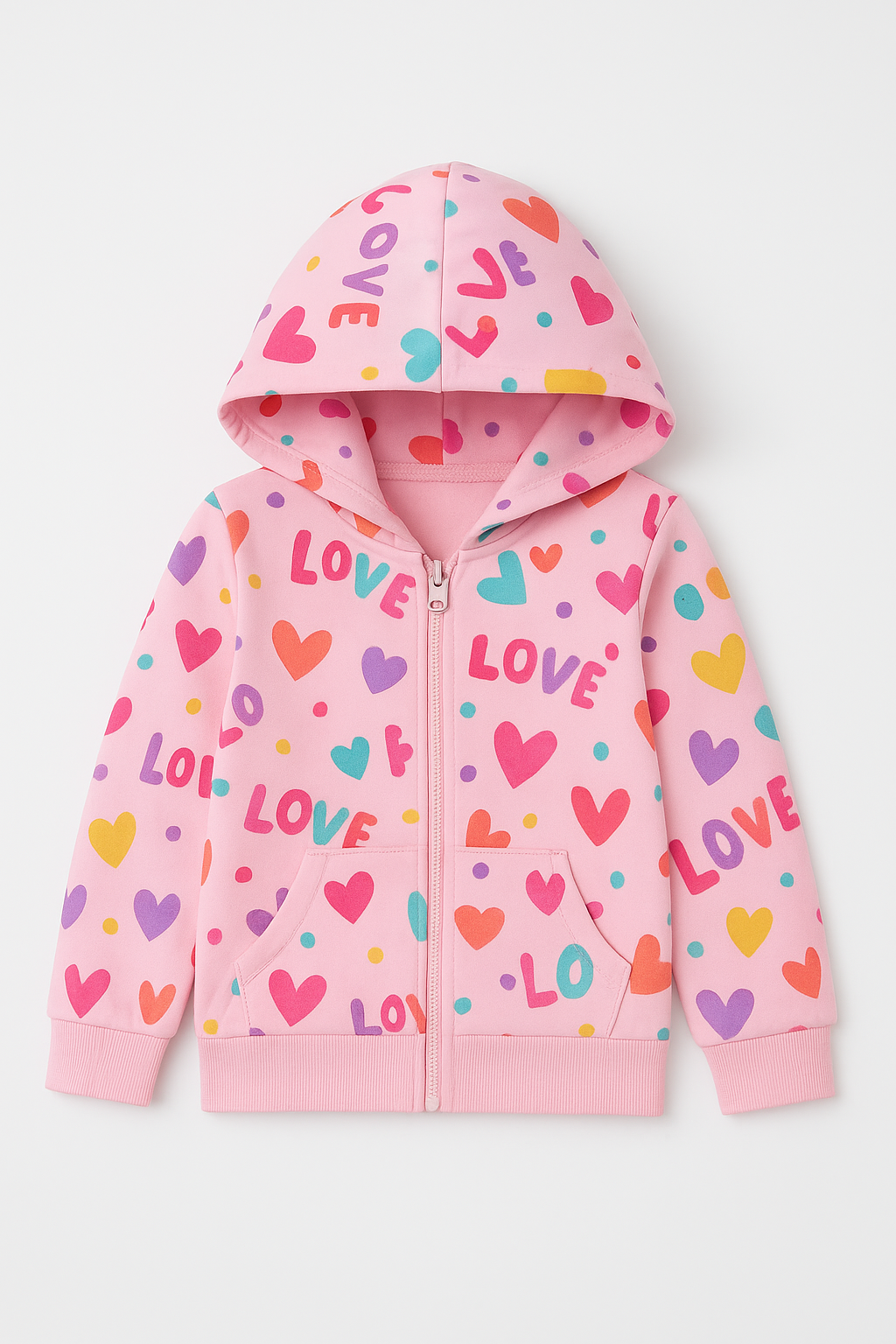 Pink Colorful Love Printed Zipper Jacket for Girls | Soft Fleece Winter Hoodie | Dropvibe