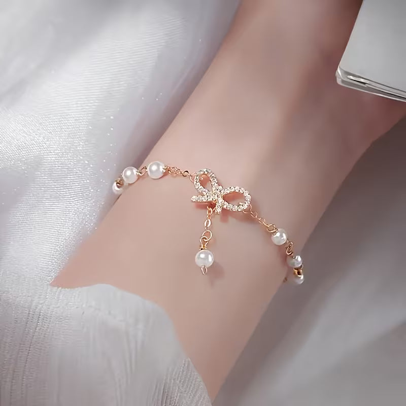 Elegant Rose Gold Bow Bracelet for Women – 14K Gold Plated with White Imitation Pearl Accents | Luxury Fashion Jewelry Gift