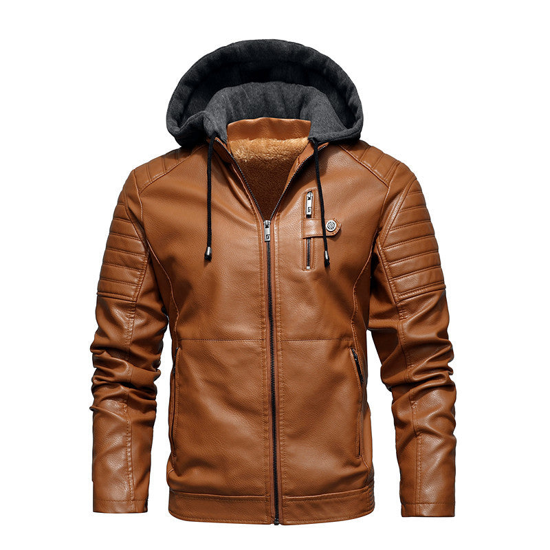 Stand-up Collar Casual Hooded Men's Jacket Leather Jacket