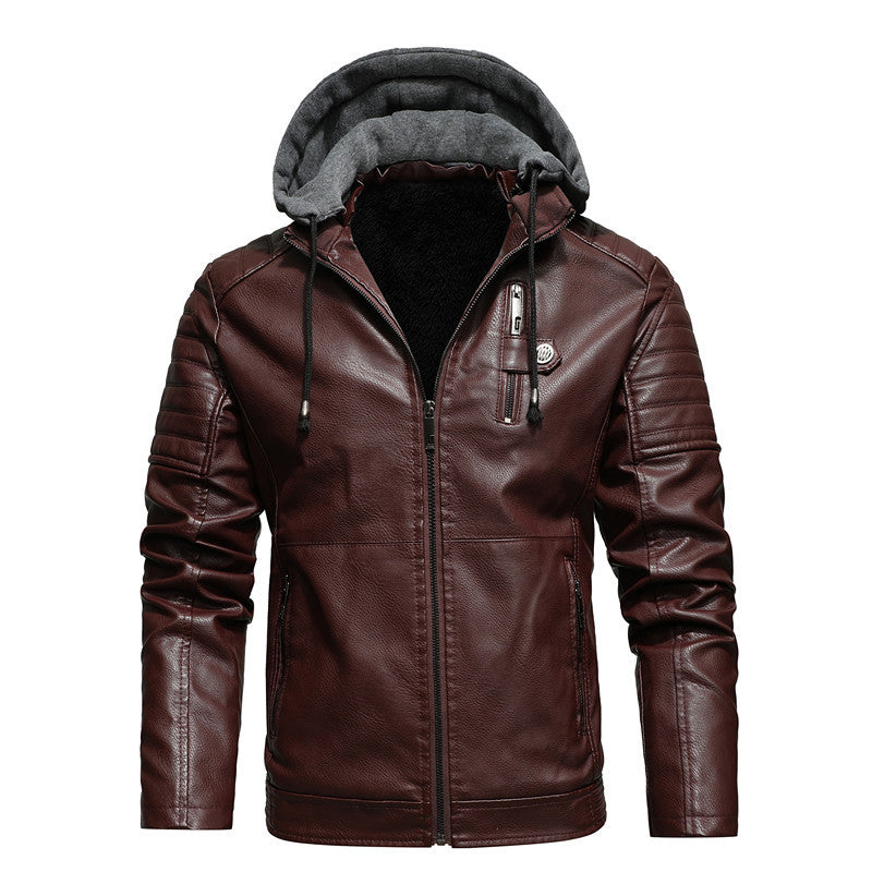 Stand-up Collar Casual Hooded Men's Jacket Leather Jacket
