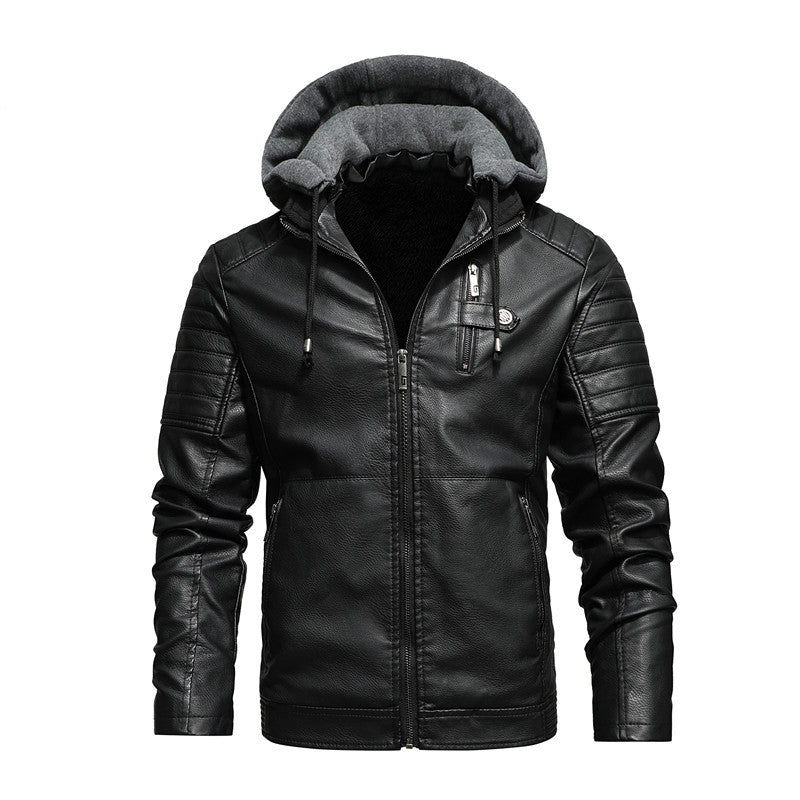 Stand-up Collar Casual Hooded Men's Jacket Leather Jacket