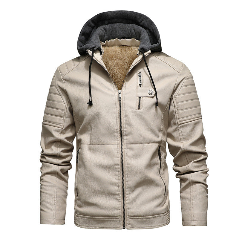 Stand-up Collar Casual Hooded Men's Jacket Leather Jacket