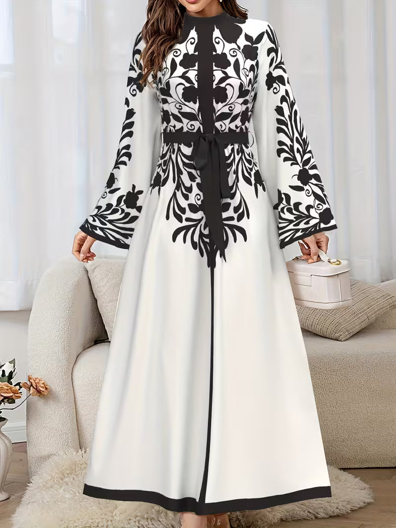 Women’s Elegant Middle Eastern Full-Length Dress with Belt – Long Sleeve A-Line Arabic Gown for Weddings & Formal Events | Islamic Modest Wear by DropVibe