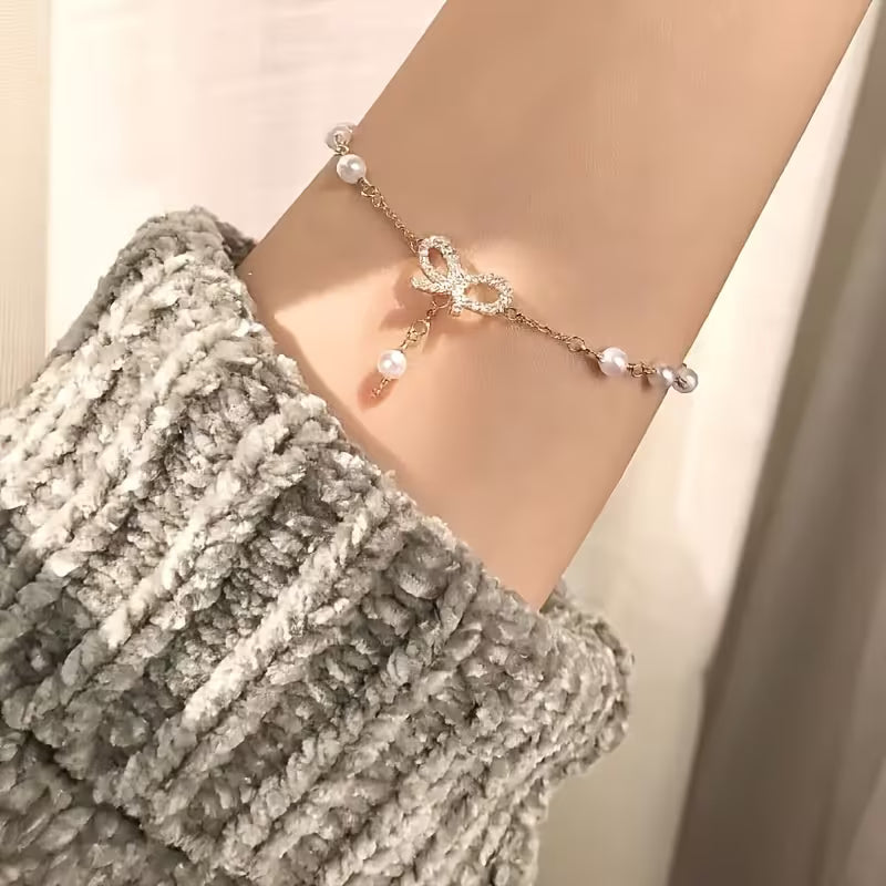 Elegant Rose Gold Bow Bracelet for Women – 14K Gold Plated with White Imitation Pearl Accents | Luxury Fashion Jewelry Gift