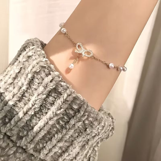 Elegant Rose Gold Bow Bracelet for Women – 14K Gold Plated with White Imitation Pearl Accents | Luxury Fashion Jewelry Gift