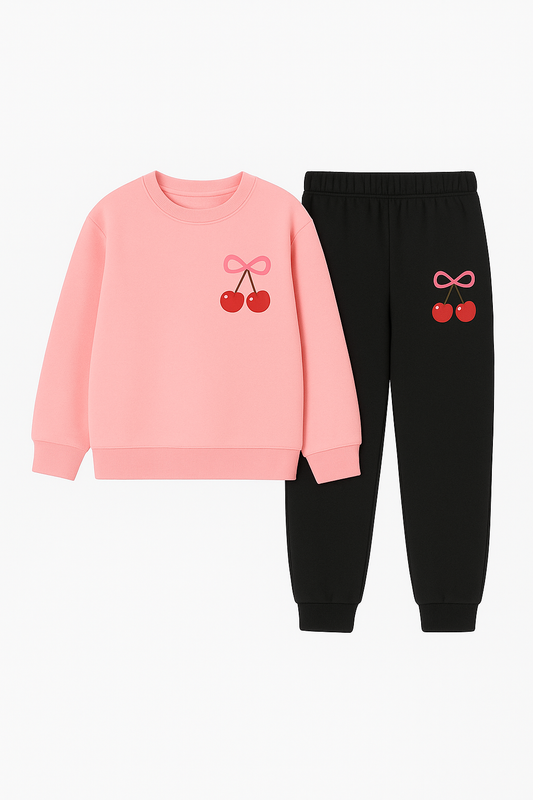 Contrast Pink Cherry Logo Girls’ Fleece Sweatshirt Tracksuit – Soft, Warm & Stylish Winter Wear!