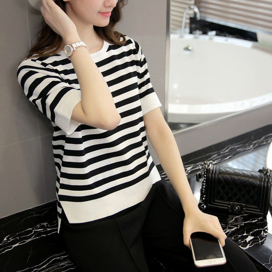 [In Stock] Summer Loose Plus Size Women&amp;#039;s Trendy Korean Bottoming Shirt Striped Short-sleeved Split Top Color Matching T-shirt