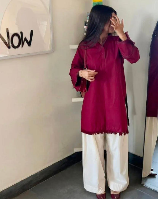 Stylish Red Cotton Kameez Shalwar Set – 2-Piece Outfit for Girls & Women.