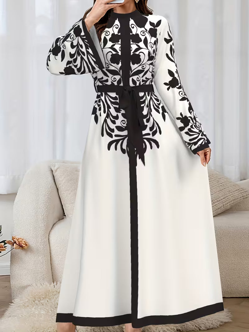 Women’s Elegant Middle Eastern Full-Length Dress with Belt – Long Sleeve A-Line Arabic Gown for Weddings & Formal Events | Islamic Modest Wear by DropVibe