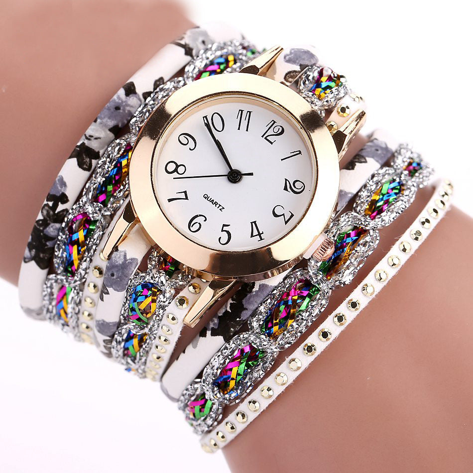 Watch color woven floral bracelet watch fashion printed woven diamond ladies circle watch.