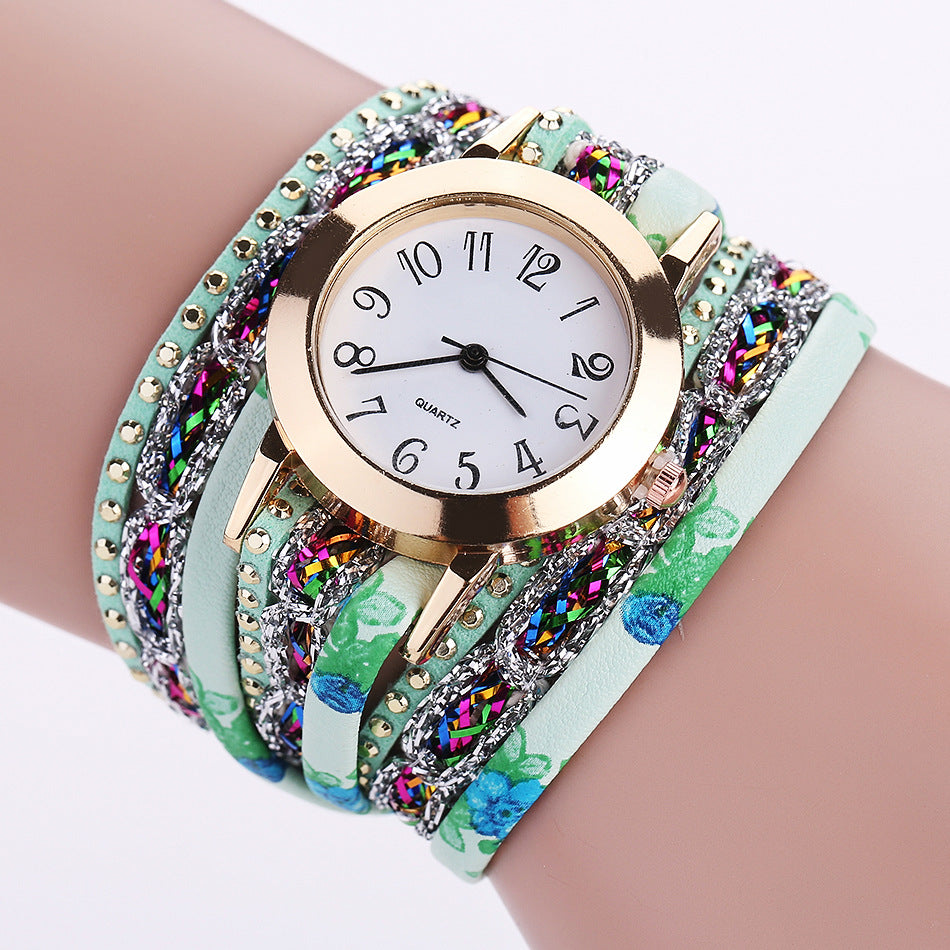 Watch color woven floral bracelet watch fashion printed woven diamond ladies circle watch.