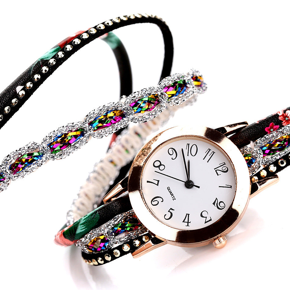 Watch color woven floral bracelet watch fashion printed woven diamond ladies circle watch.