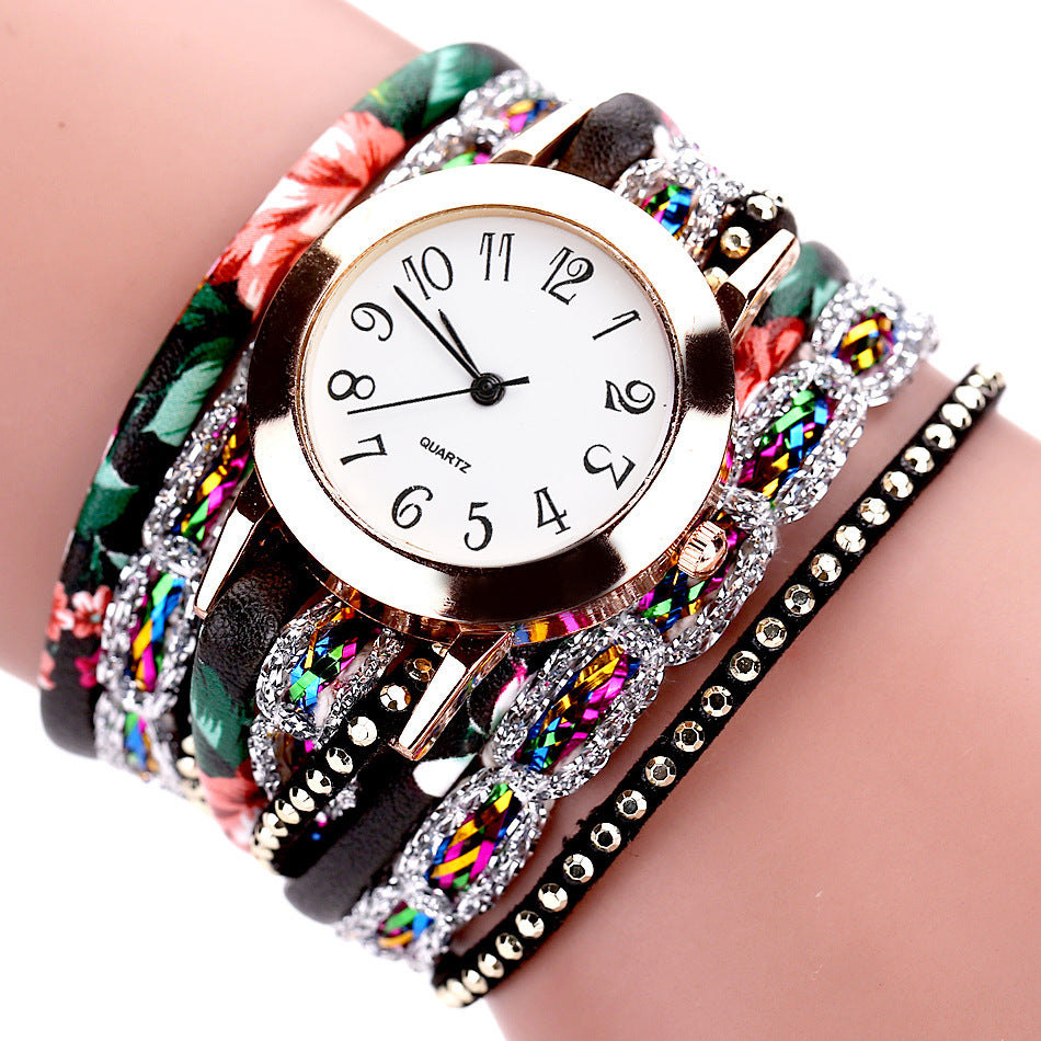 Watch color woven floral bracelet watch fashion printed woven diamond ladies circle watch.