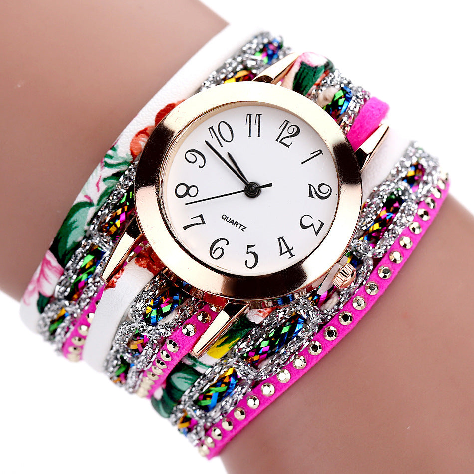 Watch color woven floral bracelet watch fashion printed woven diamond ladies circle watch.