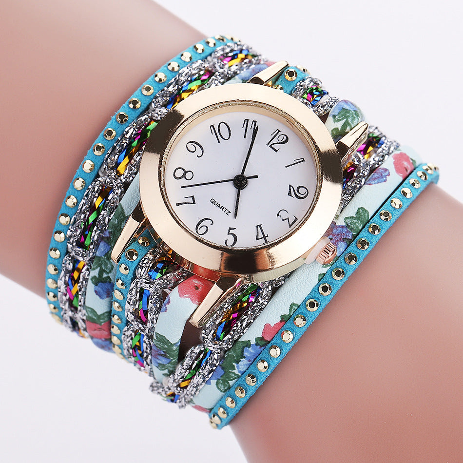 Watch color woven floral bracelet watch fashion printed woven diamond ladies circle watch.