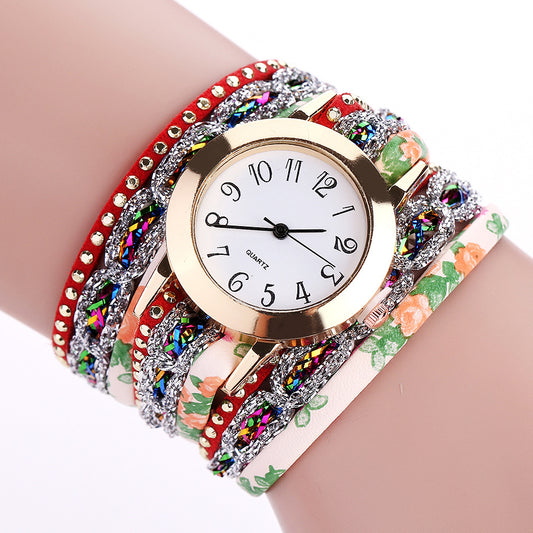 Watch color woven floral bracelet watch fashion printed woven diamond ladies circle watch.