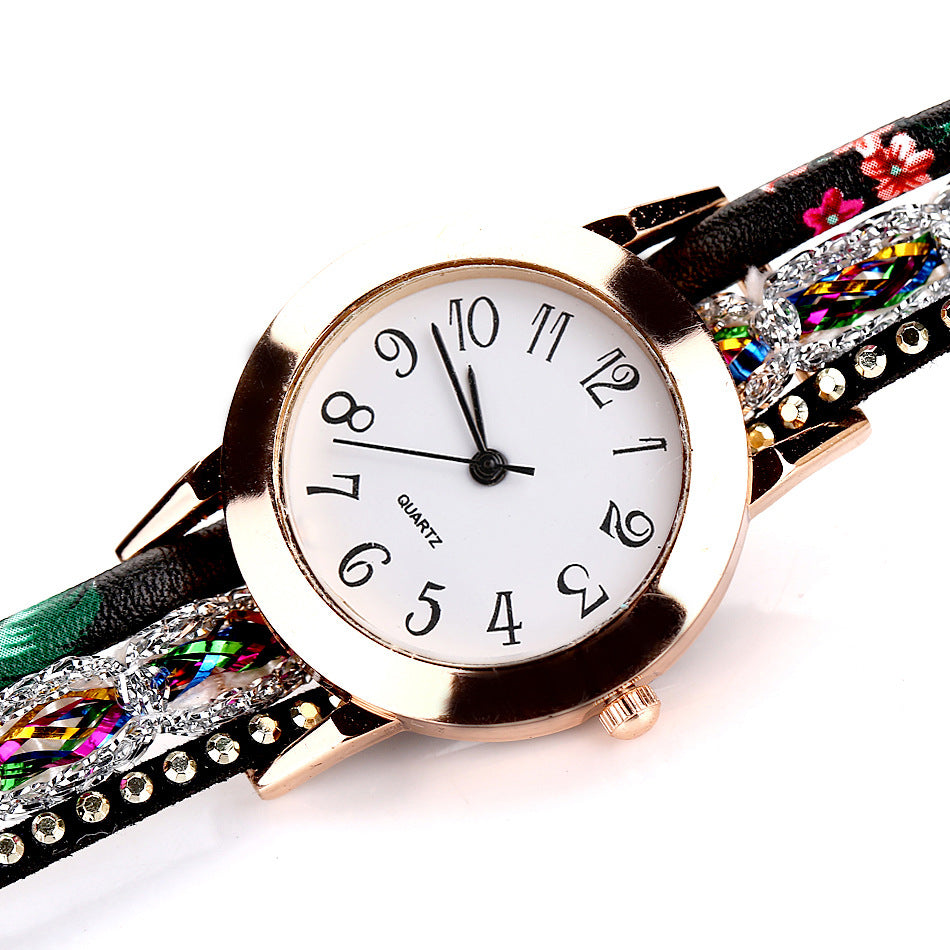 Watch color woven floral bracelet watch fashion printed woven diamond ladies circle watch.