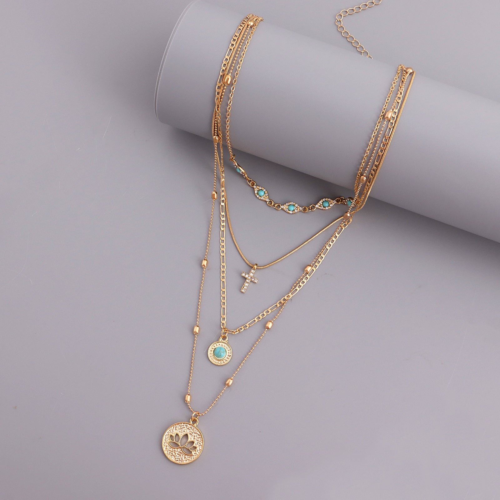 Jewelry Fashion Ins Multi-layer Small Hole Chain Hollow Flower Diamond Cross Pendant Necklace Women
