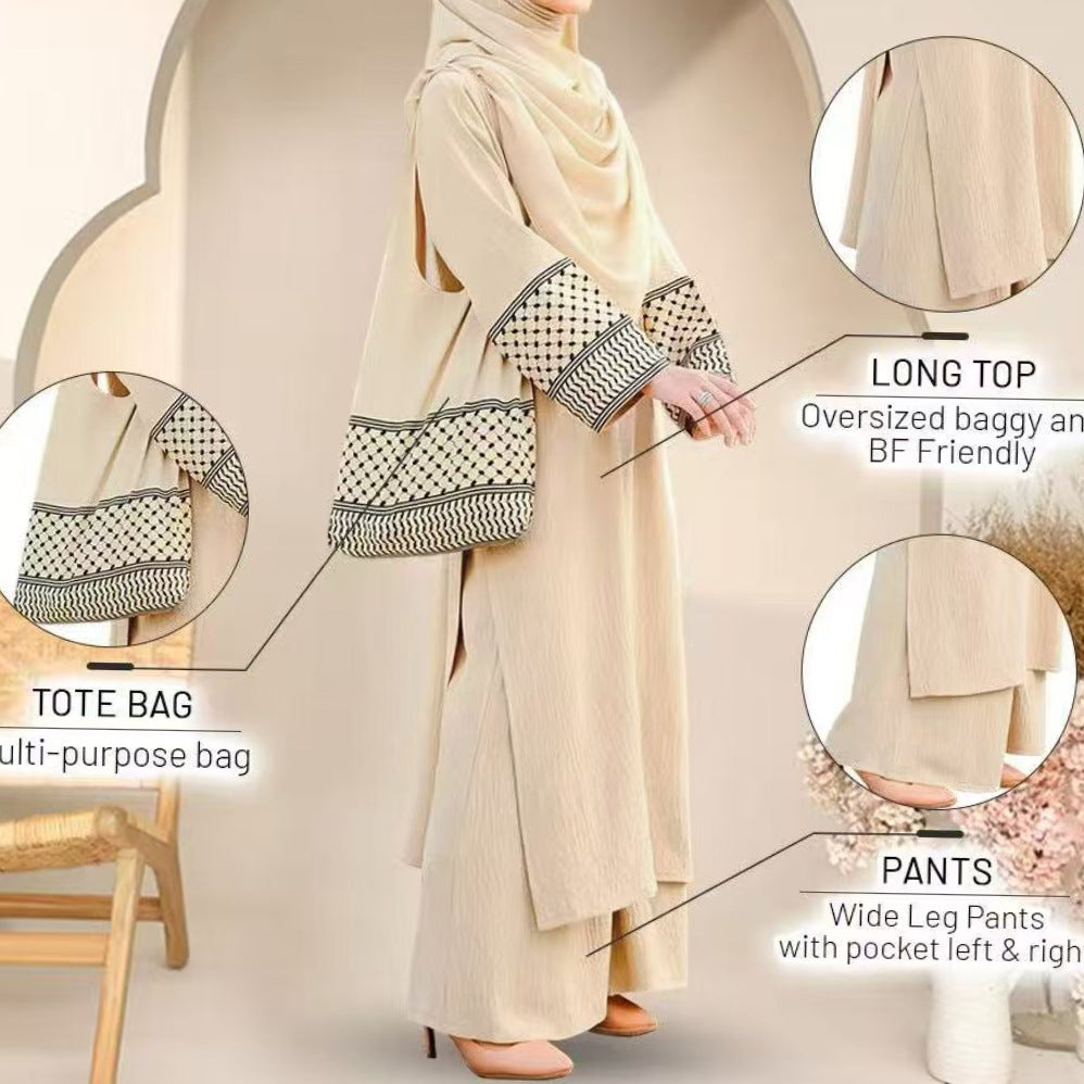 In Stock 2025 New Three-Piece Set Muslim Southeast Asian Solid Color Cotton Linen Wrinkle Fashionable Loose Plus Size Robe