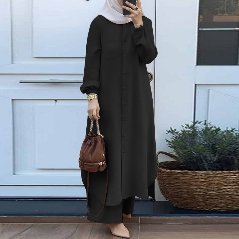 Muslim Women&#039;s Arabic Style Spring Autumn Casual Dress Set Mushroom Button Fashionable Long Skirt Polyester Viscose Blend