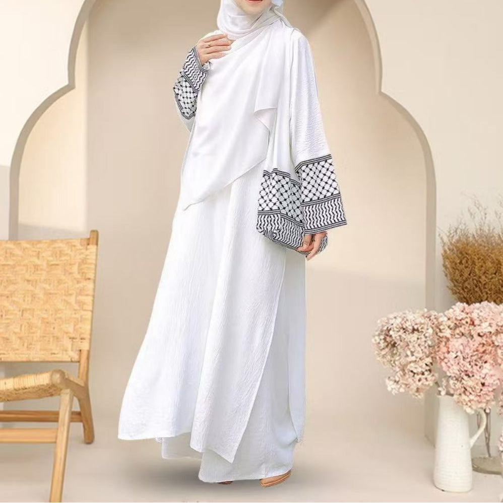 In Stock 2025 New Three-Piece Set Muslim Southeast Asian Solid Color Cotton Linen Wrinkle Fashionable Loose Plus Size Robe