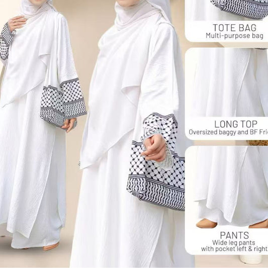 In Stock 2025 New Three-Piece Set Muslim Southeast Asian Solid Color Cotton Linen Wrinkle Fashionable Loose Plus Size Robe