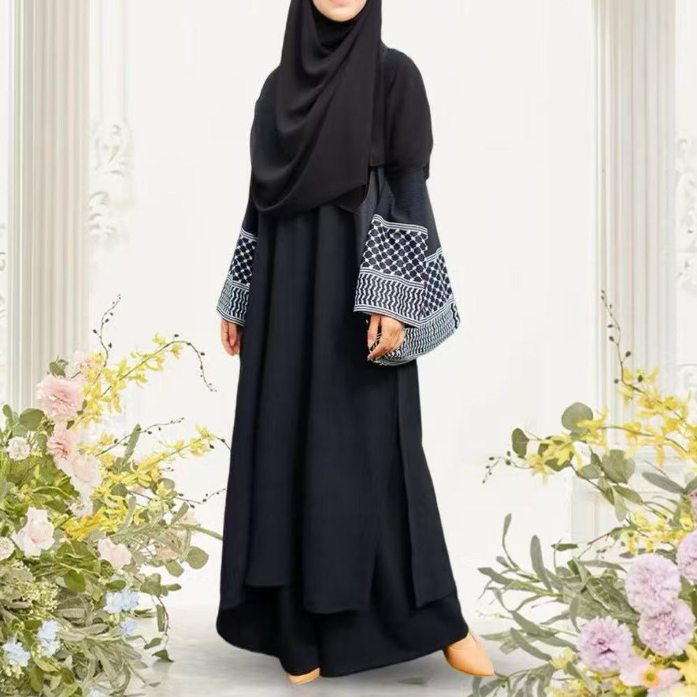 In Stock 2025 New Three-Piece Set Muslim Southeast Asian Solid Color Cotton Linen Wrinkle Fashionable Loose Plus Size Robe