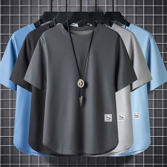 Batch Of Waffled Short-sleeved T-shirt Men&#039;s Summer Loose Plus Size Crewneck Breathable Solid Color Base Shirt Half-sleeved Top
