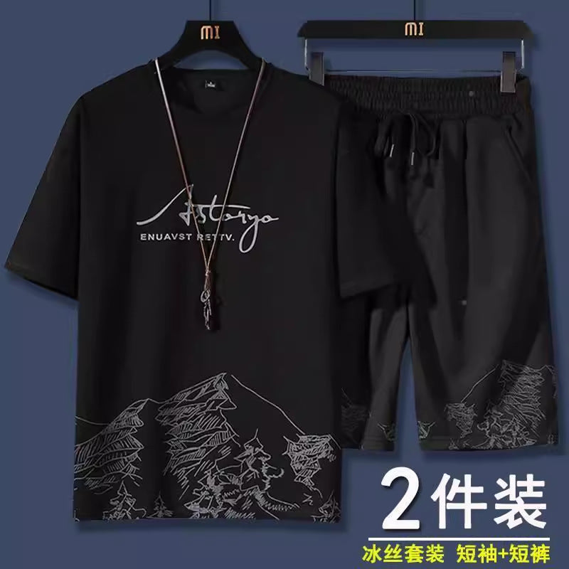 Summer Casual Suit Men&#039;s Ultra-thin Quick-drying Ice Silk Short-sleeved T-shirt Sports Shorts Running Two-piece Suit
