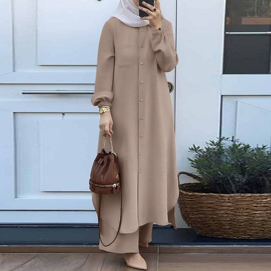 Muslim Women&#039;s Arabic Style Spring Autumn Casual Dress Set Mushroom Button Fashionable Long Skirt Polyester Viscose Blend