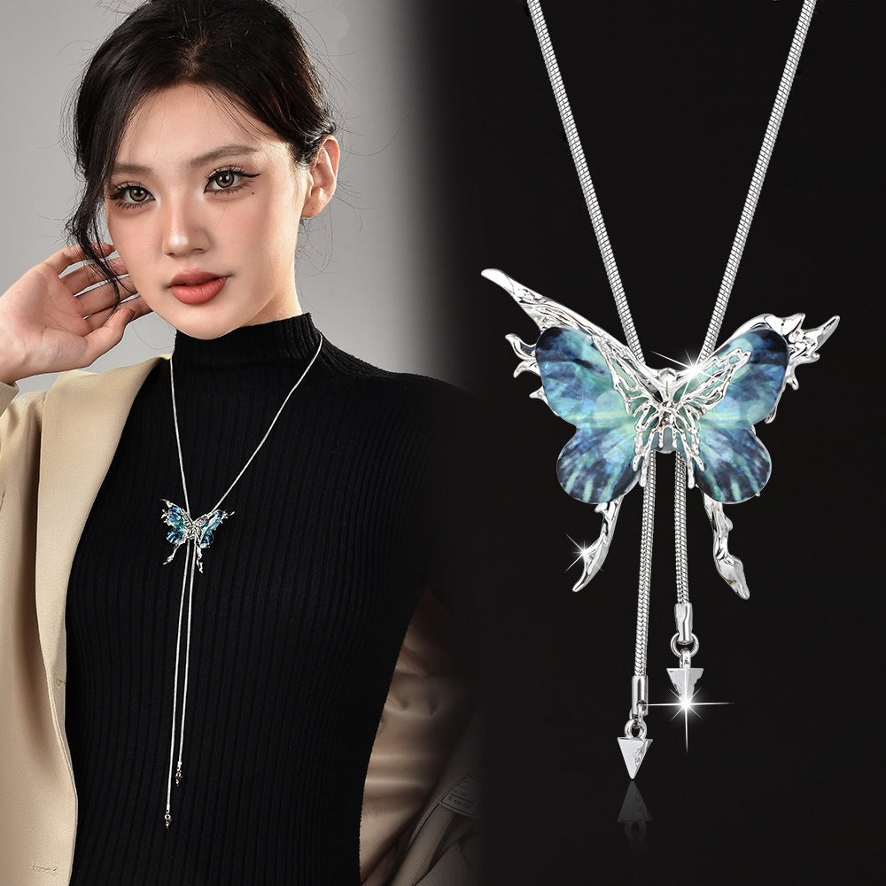 Blue Butterfly Tassel Necklace Replaceable Butterfly Piece Classy Pull Adjustable Fashionable Sweater Chain