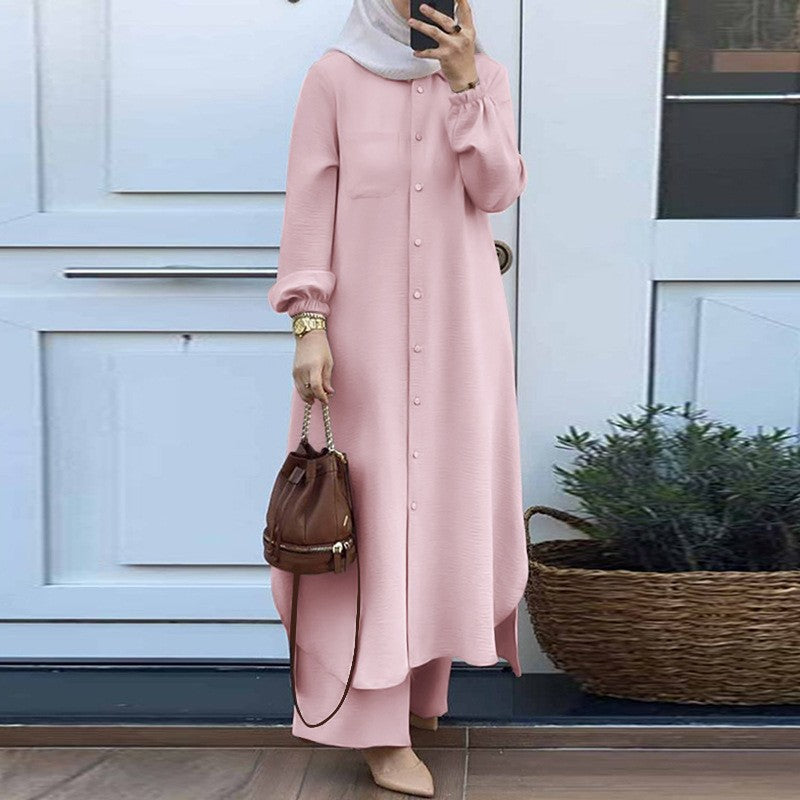 Muslim Women&#039;s Arabic Style Spring Autumn Casual Dress Set Mushroom Button Fashionable Long Skirt Polyester Viscose Blend