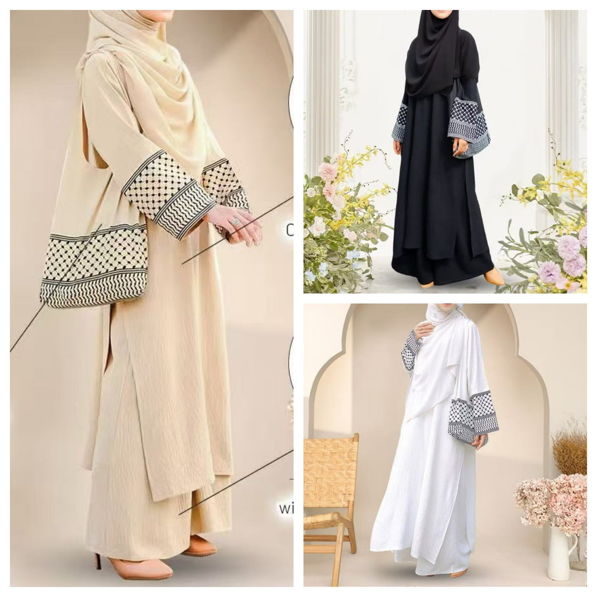 In Stock 2025 New Three-Piece Set Muslim Southeast Asian Solid Color Cotton Linen Wrinkle Fashionable Loose Plus Size Robe