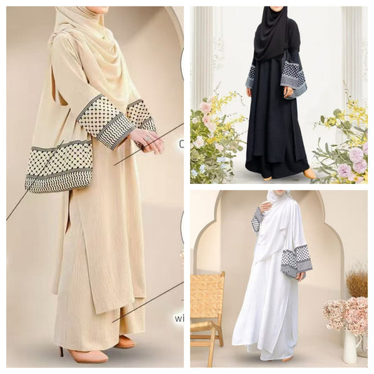 In Stock 2025 New Three-Piece Set Muslim Southeast Asian Solid Color Cotton Linen Wrinkle Fashionable Loose Plus Size Robe