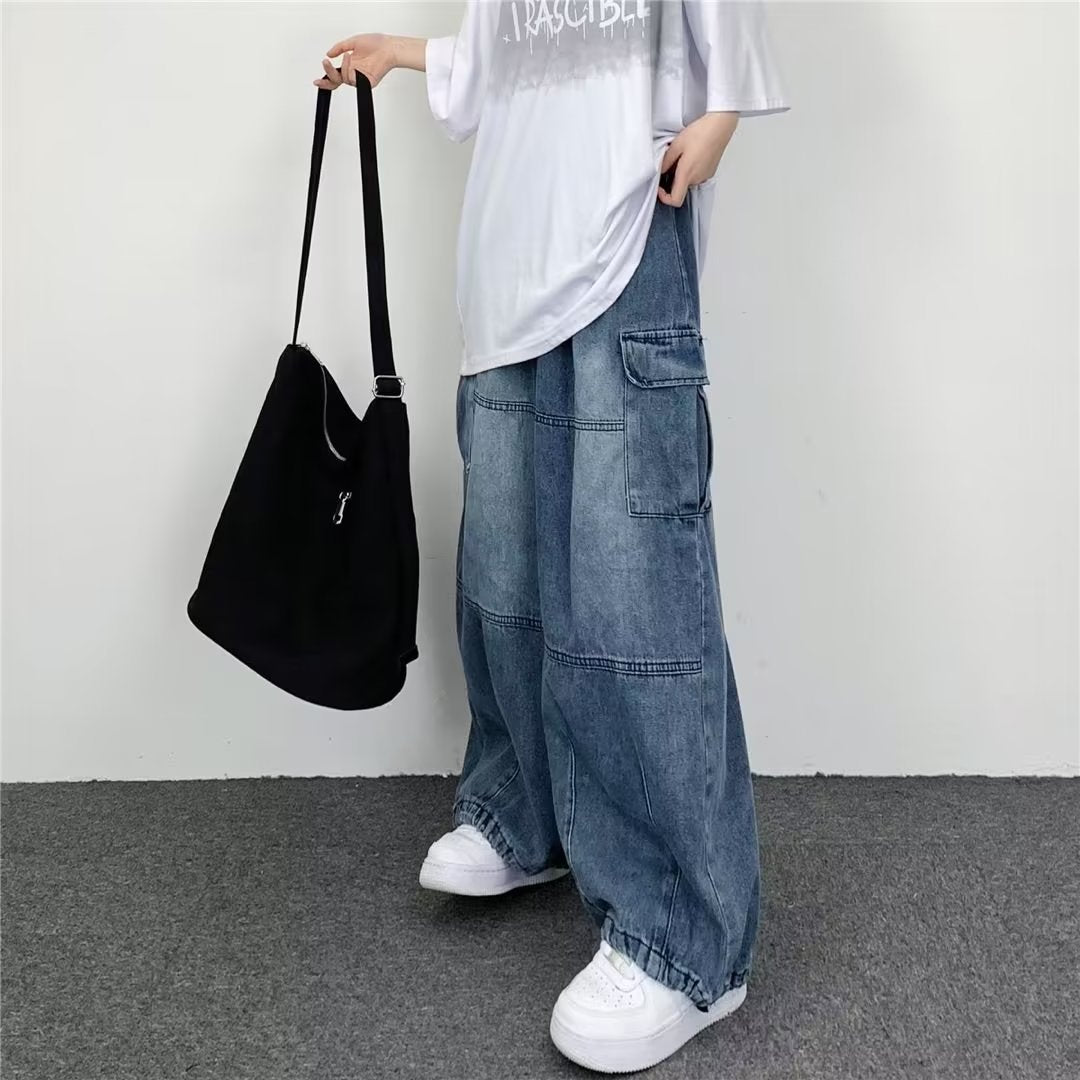Japanese Style Retro Wide Leg Large Pocket Overalls Men&#039;s Spring And Summer New Fashionable Brand Ins Neutral Loose Straight Jeans