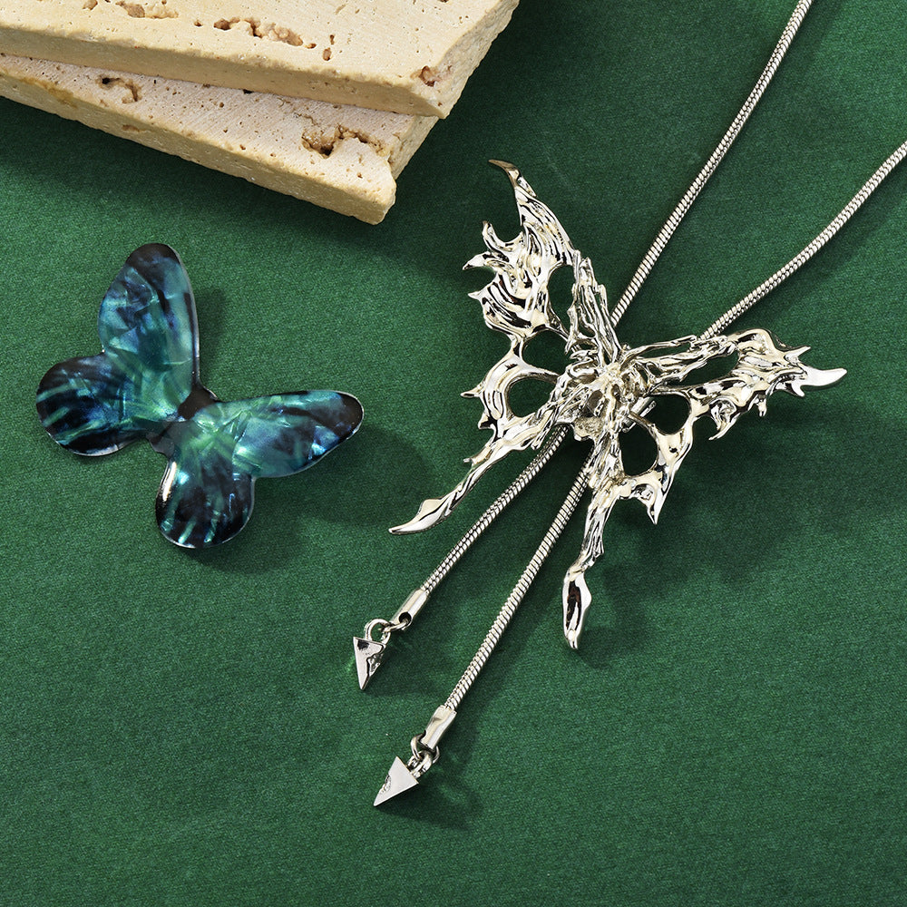 Blue Butterfly Tassel Necklace Replaceable Butterfly Piece Classy Pull Adjustable Fashionable Sweater Chain