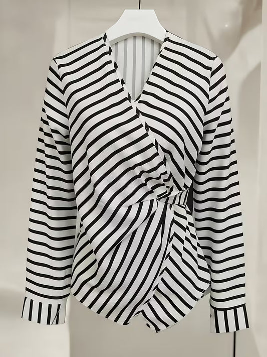 Women’s Elegant Blouse – Black & White Horizontal Stripe Shirt | Office, Formal & Everyday Wear | DropVibe