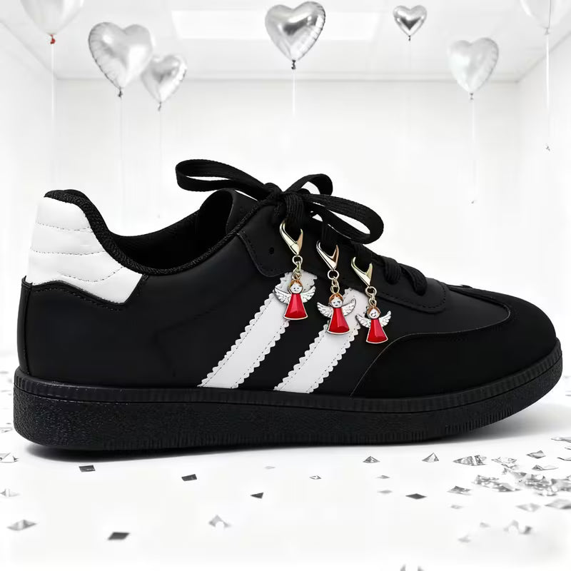 2pcs Women’s Retro Angel Charm Ankle Boots – Geometric Striped Design with Red Heart Pendant, Durable Synthetic Leather & Rubber Sole