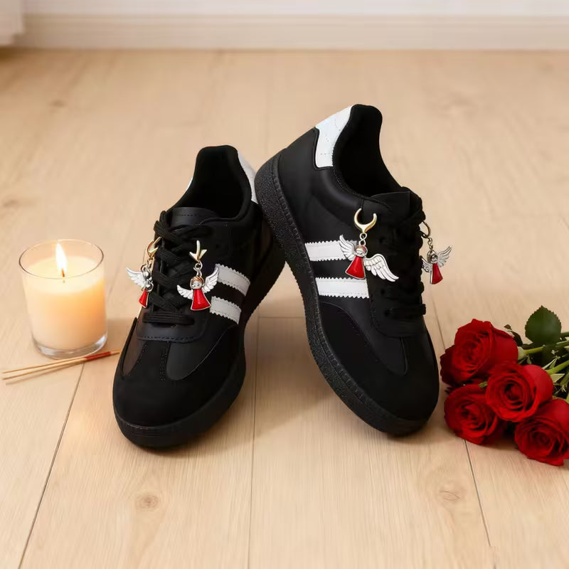 2pcs Women’s Retro Angel Charm Ankle Boots – Geometric Striped Design with Red Heart Pendant, Durable Synthetic Leather & Rubber Sole