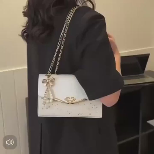 Flip Square Crossbody Bag – Bow Tie & Metal Chain Accent | Large Capacity Shoulder Bag for Women – DropVibe